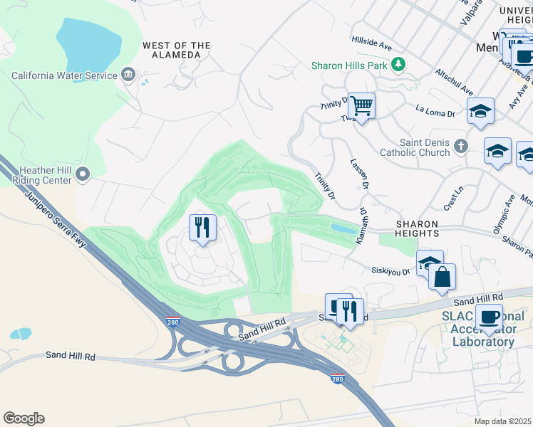 map of restaurants, bars, coffee shops, grocery stores, and more near 1210 Sharon Park Drive in Menlo Park