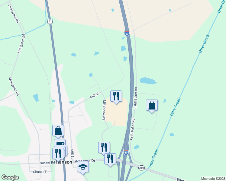 map of restaurants, bars, coffee shops, grocery stores, and more near 715 Mill Street in Hanson