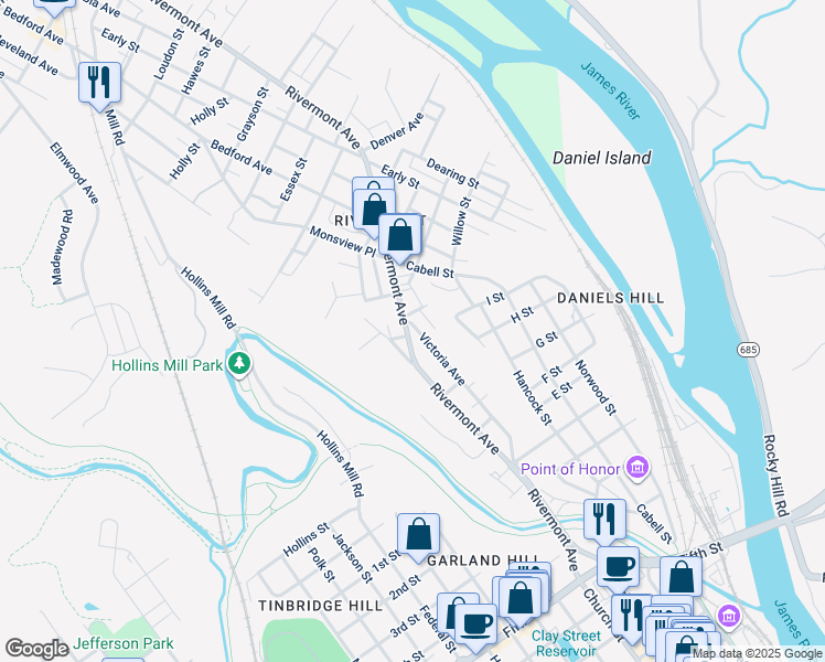 map of restaurants, bars, coffee shops, grocery stores, and more near 850 Rivermont Avenue in Lynchburg