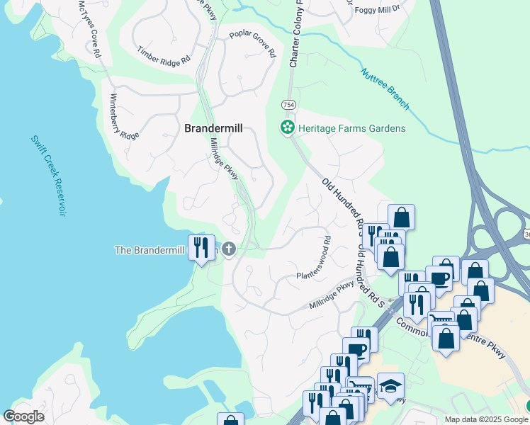 map of restaurants, bars, coffee shops, grocery stores, and more near 4403 Old Fox Trail in Midlothian