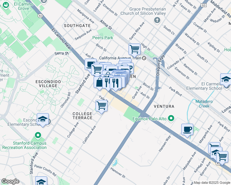 map of restaurants, bars, coffee shops, grocery stores, and more near 2390 El Camino Real in Palo Alto