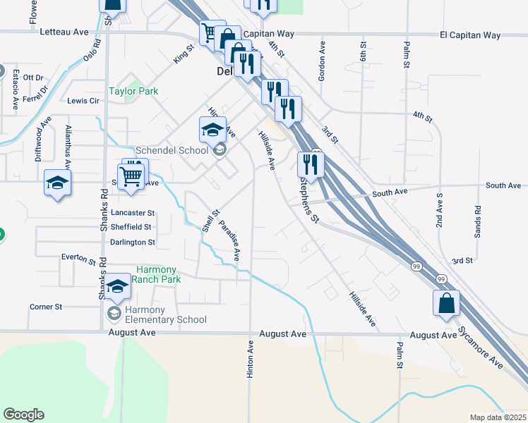 map of restaurants, bars, coffee shops, grocery stores, and more near 9399 Hinton Avenue in Delhi