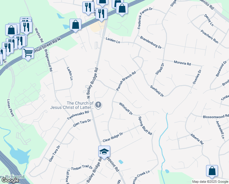 map of restaurants, bars, coffee shops, grocery stores, and more near 11601 Bailey Woods Drive in Midlothian