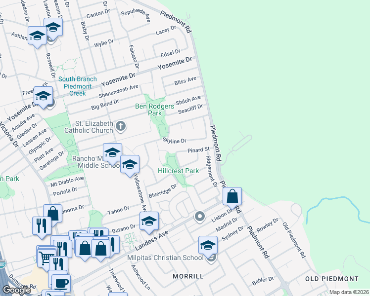 map of restaurants, bars, coffee shops, grocery stores, and more near 2258 Pinard Street in Milpitas