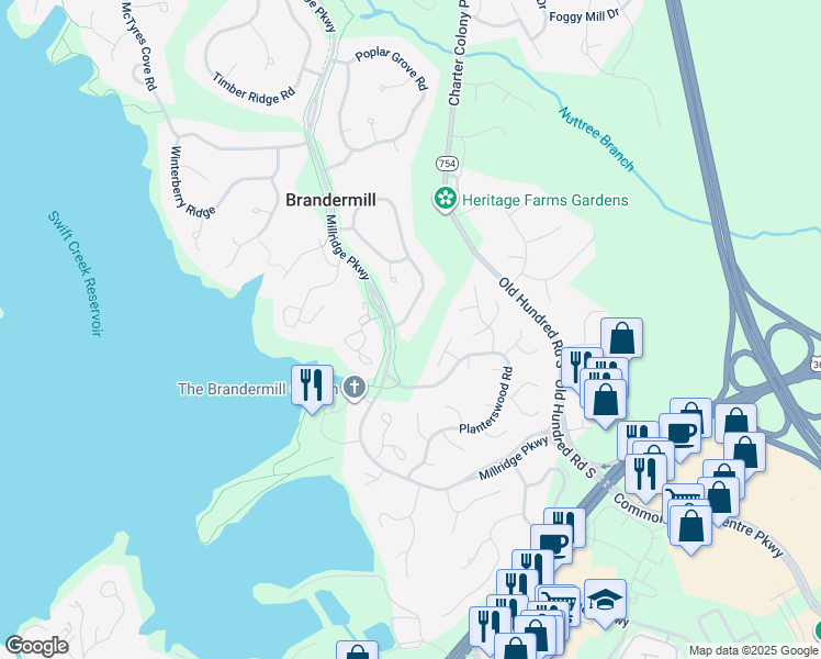 map of restaurants, bars, coffee shops, grocery stores, and more near 4403 Old Fox Trail in Midlothian