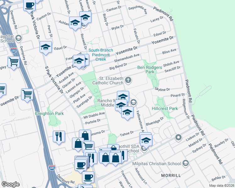 map of restaurants, bars, coffee shops, grocery stores, and more near 1719 Yellowstone Avenue in Milpitas