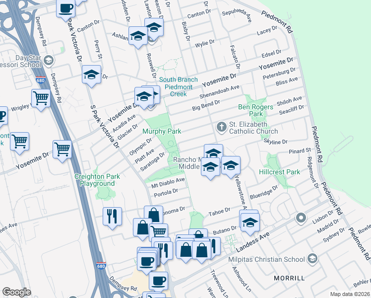 map of restaurants, bars, coffee shops, grocery stores, and more near 1630 Grand Teton Drive in Milpitas