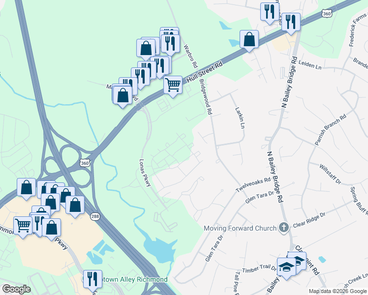 map of restaurants, bars, coffee shops, grocery stores, and more near 4001 Lonas Parkway in Midlothian