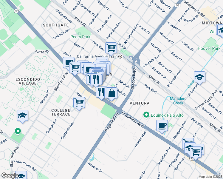map of restaurants, bars, coffee shops, grocery stores, and more near 408 Grant Avenue in Palo Alto