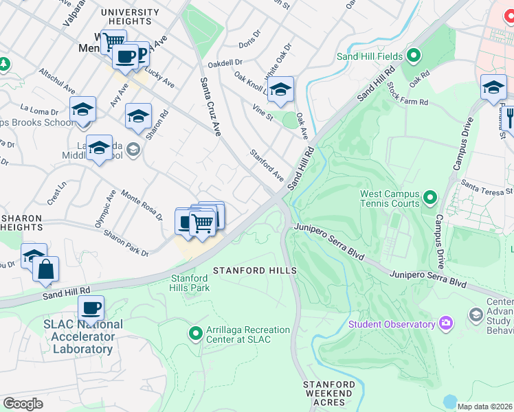 map of restaurants, bars, coffee shops, grocery stores, and more near 2146 Sand Hill Road in Menlo Park