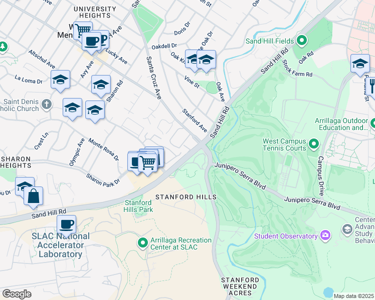 map of restaurants, bars, coffee shops, grocery stores, and more near 2146 Sand Hill Road in Menlo Park