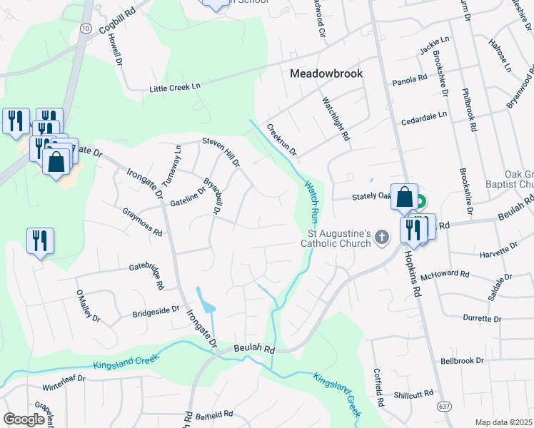 map of restaurants, bars, coffee shops, grocery stores, and more near 6707 Taylor Brook Court in Richmond