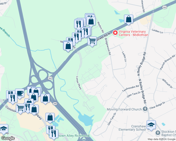 map of restaurants, bars, coffee shops, grocery stores, and more near 3800 Maze Runner Drive in Midlothian