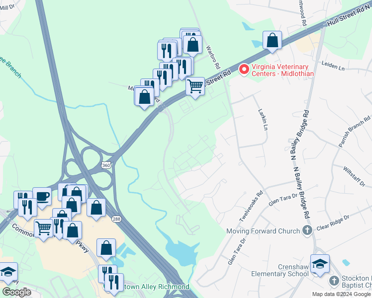 map of restaurants, bars, coffee shops, grocery stores, and more near 3800 Maze Runner Drive in Midlothian