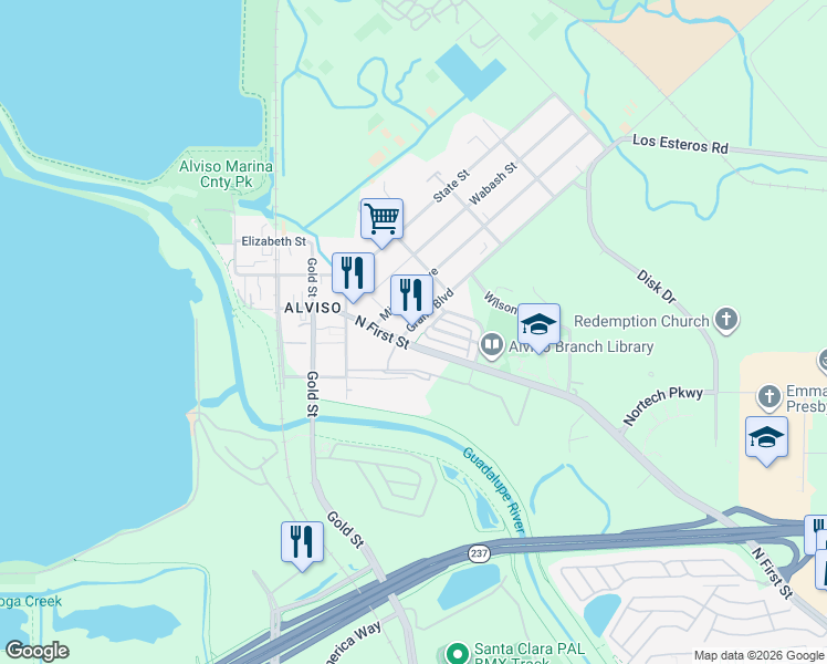 map of restaurants, bars, coffee shops, grocery stores, and more near 5858 North First Street in San Jose