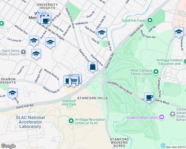map of restaurants, bars, coffee shops, grocery stores, and more near 2146 Sand Hill Road in Menlo Park