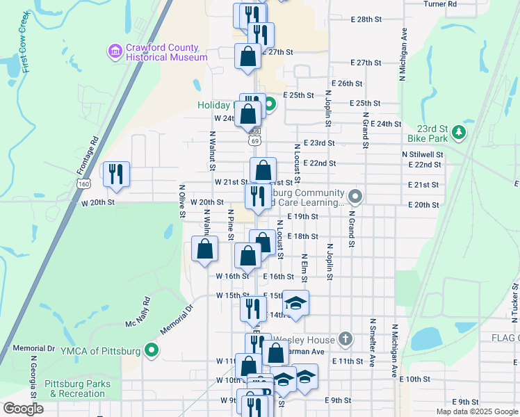 map of restaurants, bars, coffee shops, grocery stores, and more near 1811 North Locust Street in Pittsburg