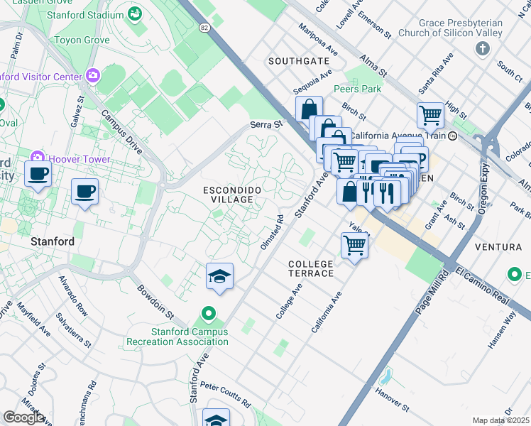 map of restaurants, bars, coffee shops, grocery stores, and more near 47 Olmsted Road in Stanford