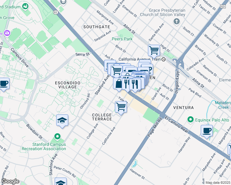 map of restaurants, bars, coffee shops, grocery stores, and more near 2257 Yale Street in Palo Alto