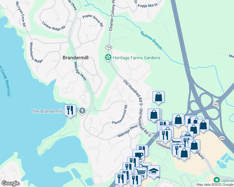 map of restaurants, bars, coffee shops, grocery stores, and more near 13200 South Heritage Woods Terrace in Midlothian