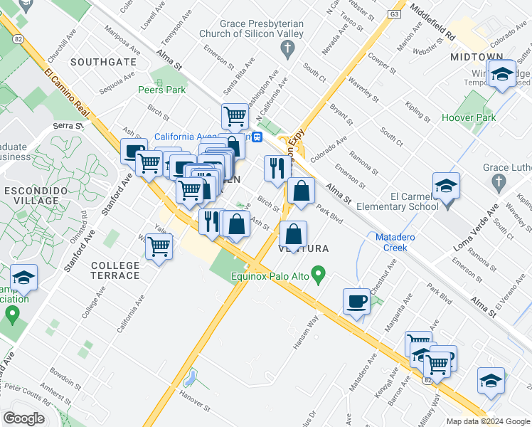map of restaurants, bars, coffee shops, grocery stores, and more near 404 Sheridan Avenue in Palo Alto