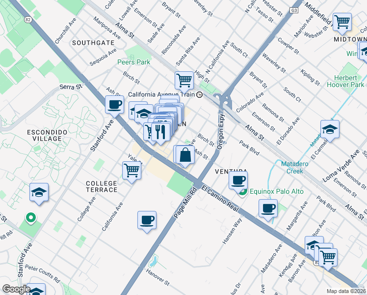 map of restaurants, bars, coffee shops, grocery stores, and more near 444 Grant Avenue in Palo Alto