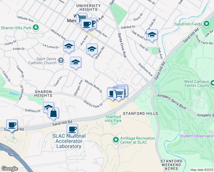 map of restaurants, bars, coffee shops, grocery stores, and more near 698 Monte Rosa Drive in Menlo Park
