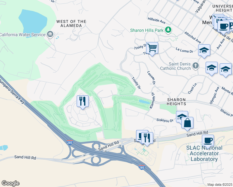 map of restaurants, bars, coffee shops, grocery stores, and more near 1210 Sharon Park Drive in Menlo Park
