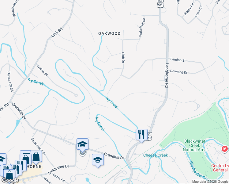 map of restaurants, bars, coffee shops, grocery stores, and more near 1542 Club Drive in Lynchburg