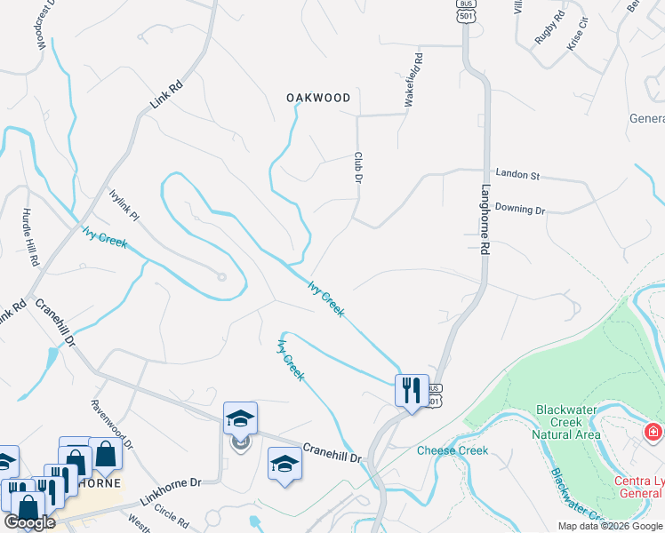 map of restaurants, bars, coffee shops, grocery stores, and more near 1542 Club Drive in Lynchburg