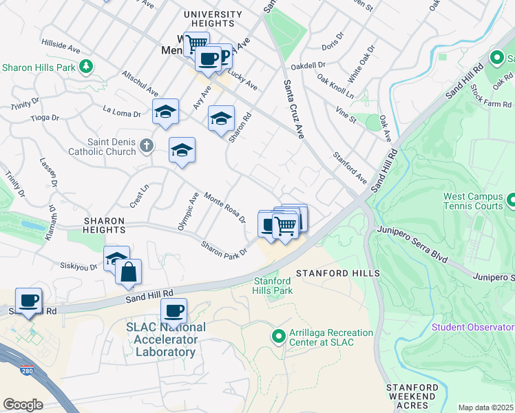 map of restaurants, bars, coffee shops, grocery stores, and more near 698 Monte Rosa Drive in Menlo Park