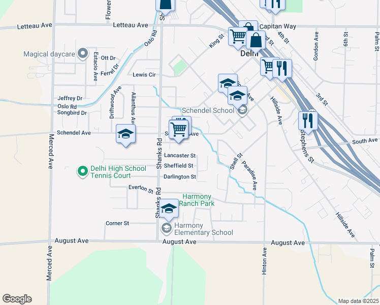 map of restaurants, bars, coffee shops, grocery stores, and more near 16352 Lancaster Street in Delhi