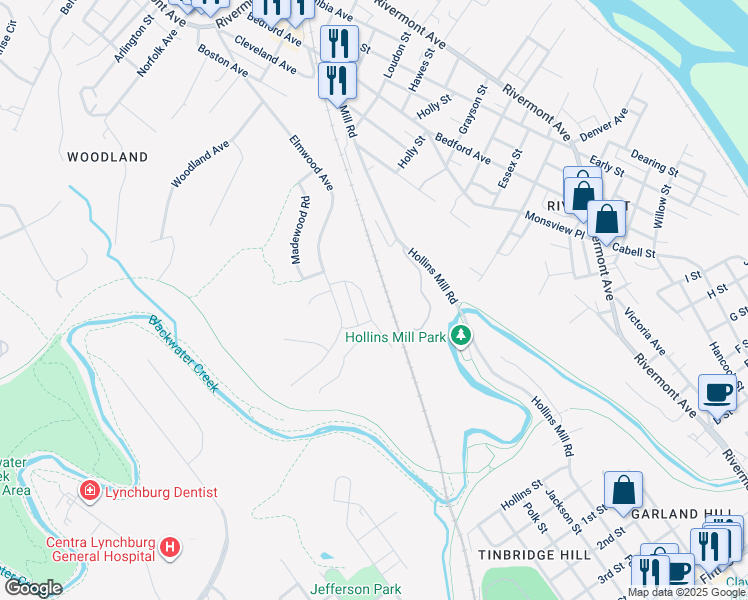 map of restaurants, bars, coffee shops, grocery stores, and more near 134 Waughs Landing Drive in Lynchburg