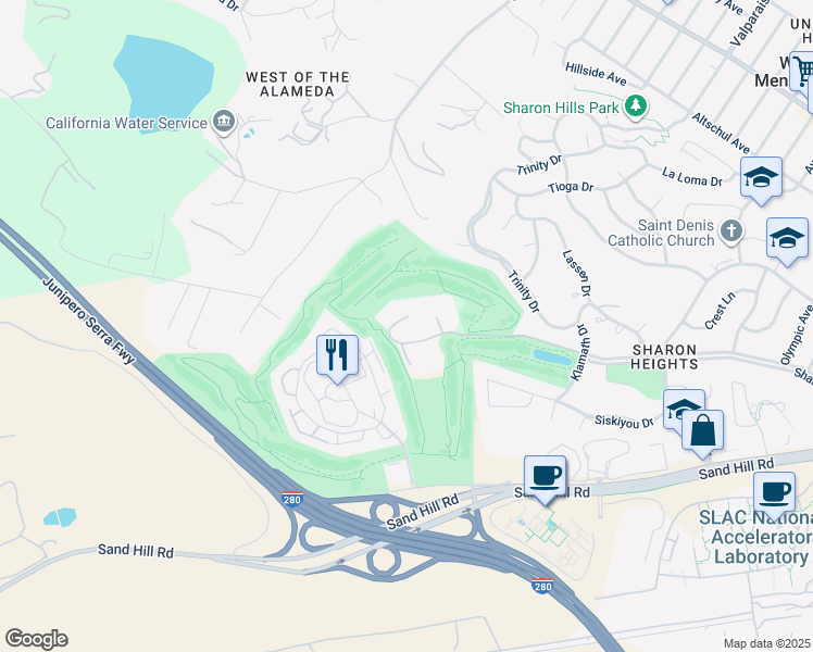 map of restaurants, bars, coffee shops, grocery stores, and more near 1272 Sharon Park Drive in Menlo Park