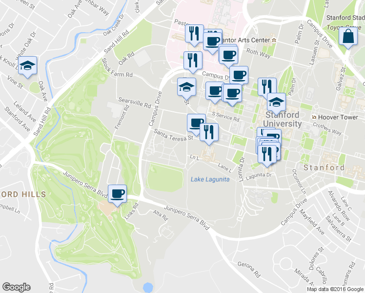 map of restaurants, bars, coffee shops, grocery stores, and more near 554 Governor's Avenue in Stanford