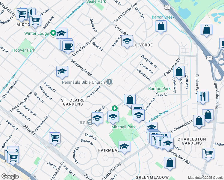 map of restaurants, bars, coffee shops, grocery stores, and more near 701 Christine Drive in Palo Alto
