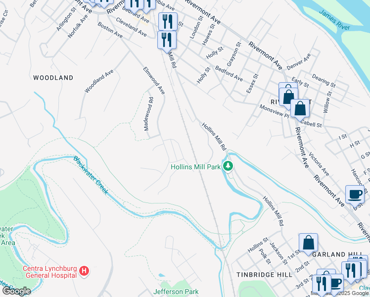 map of restaurants, bars, coffee shops, grocery stores, and more near 134 Waughs Landing Drive in Lynchburg
