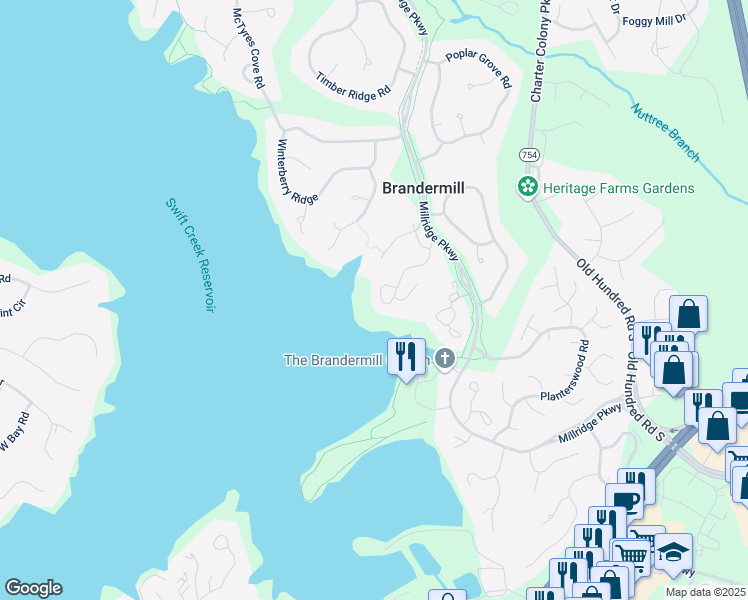 map of restaurants, bars, coffee shops, grocery stores, and more near 13632 Northwich Drive in Midlothian