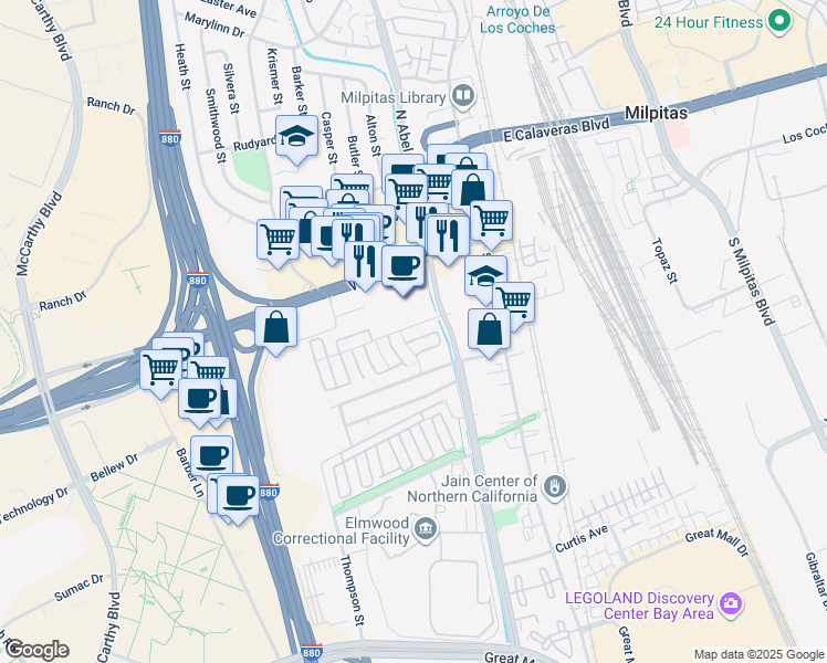 map of restaurants, bars, coffee shops, grocery stores, and more near 343 Ethyl Street in Milpitas