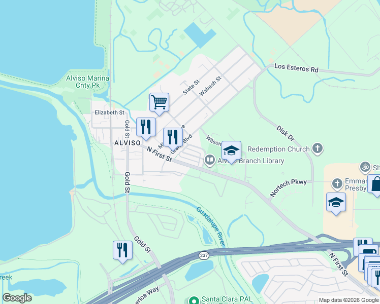 map of restaurants, bars, coffee shops, grocery stores, and more near 5128 North 1st Street in San Jose