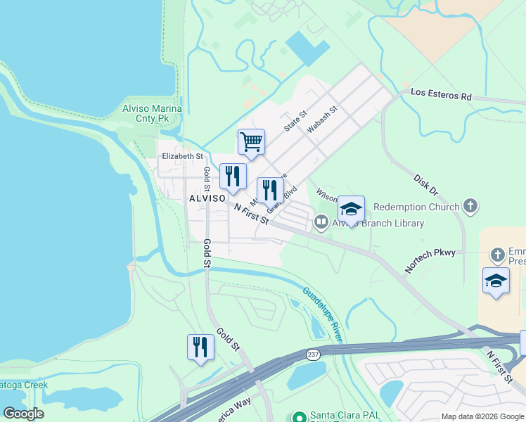 map of restaurants, bars, coffee shops, grocery stores, and more near 5858 North 1st Street in San Jose