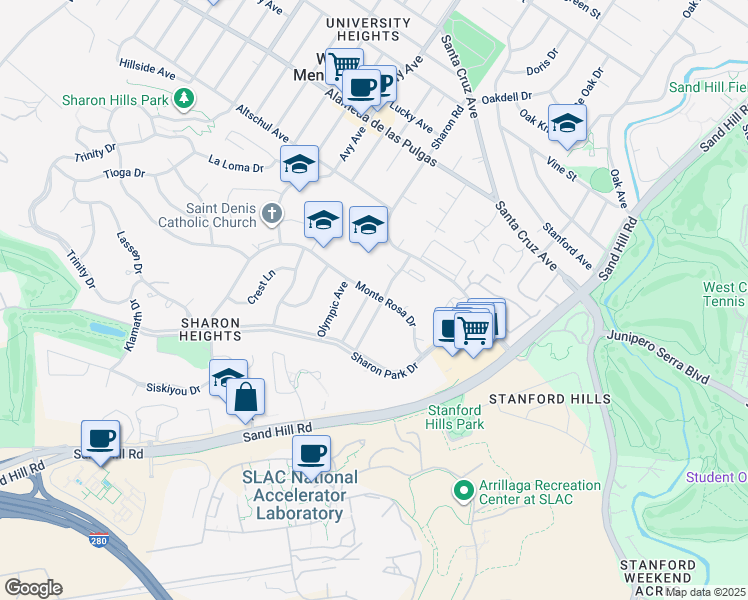 map of restaurants, bars, coffee shops, grocery stores, and more near 2315 Blueridge Avenue in Menlo Park