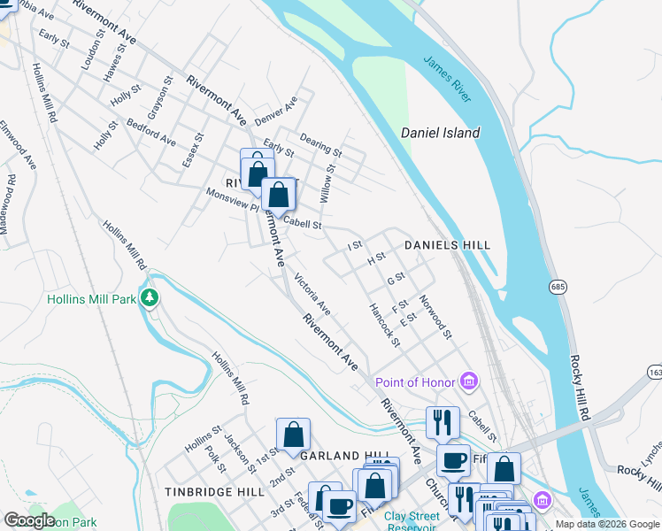 map of restaurants, bars, coffee shops, grocery stores, and more near 803 Spring St in Lynchburg