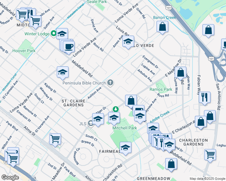 map of restaurants, bars, coffee shops, grocery stores, and more near 701 Christine Drive in Palo Alto