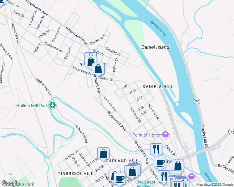 map of restaurants, bars, coffee shops, grocery stores, and more near 803 Spring St in Lynchburg