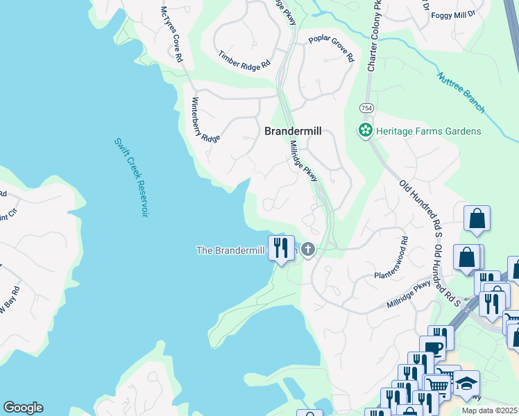 map of restaurants, bars, coffee shops, grocery stores, and more near 13632 Northwich Drive in Midlothian