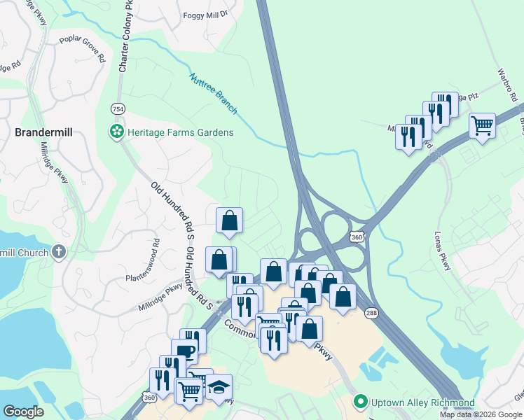 map of restaurants, bars, coffee shops, grocery stores, and more near 12700 Hull Street Road in Midlothian