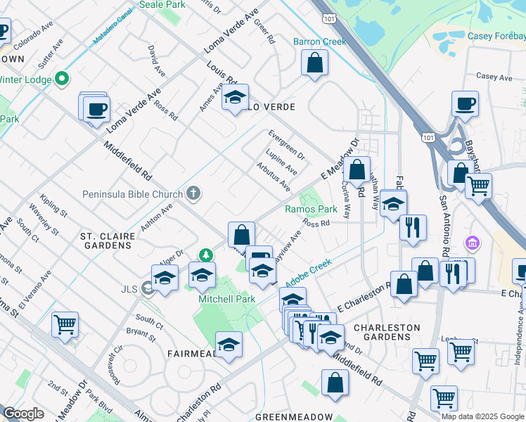 map of restaurants, bars, coffee shops, grocery stores, and more near 773 East Meadow Drive in Palo Alto