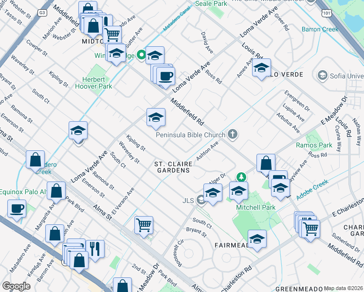 map of restaurants, bars, coffee shops, grocery stores, and more near 3328 Saint Michael Drive in Palo Alto