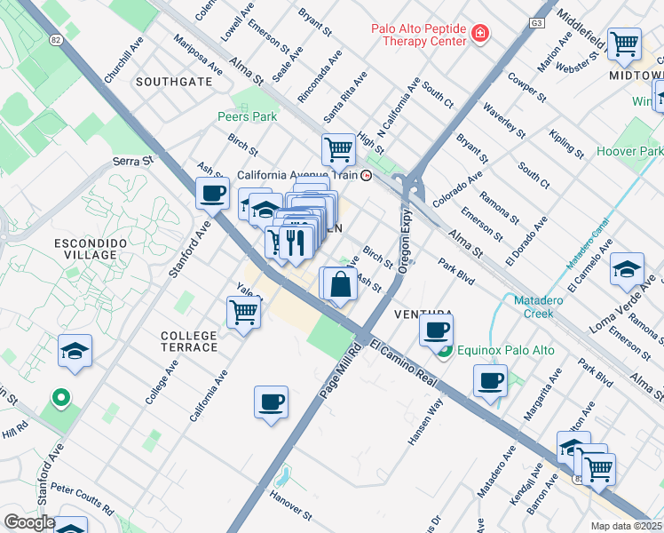 map of restaurants, bars, coffee shops, grocery stores, and more near 444 Grant Avenue in Palo Alto